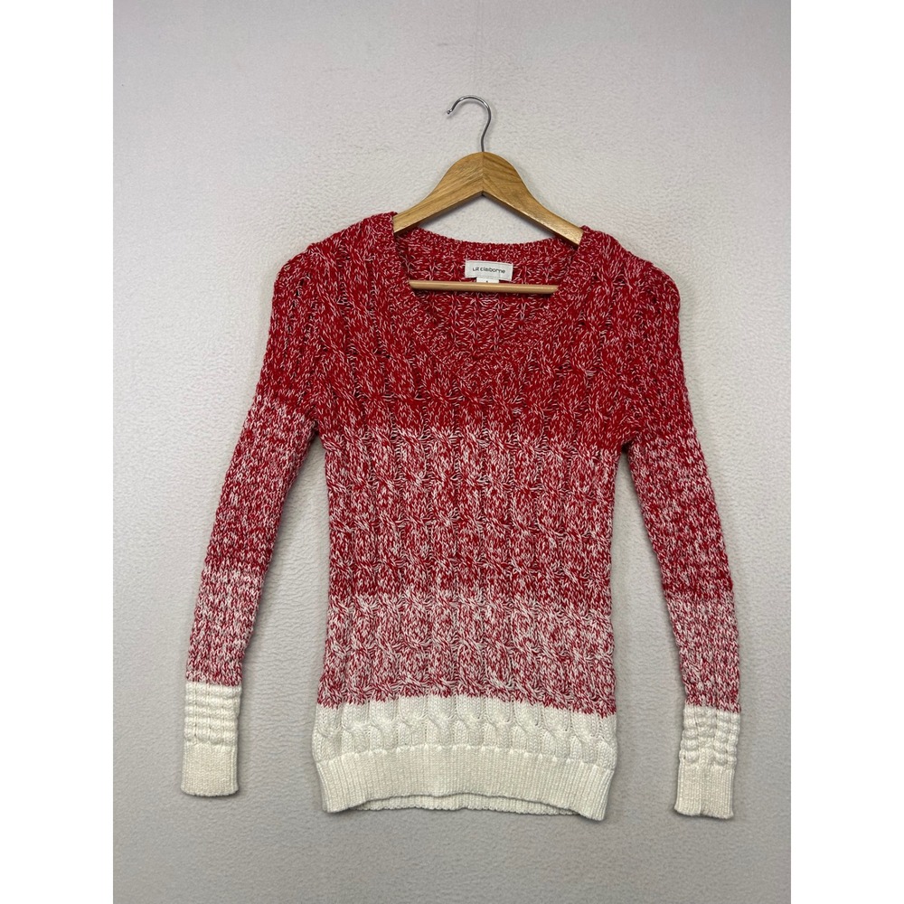 Cozy Ombre Liz Claiborne Women S Red White Cable Knit V-Neck Sweater
